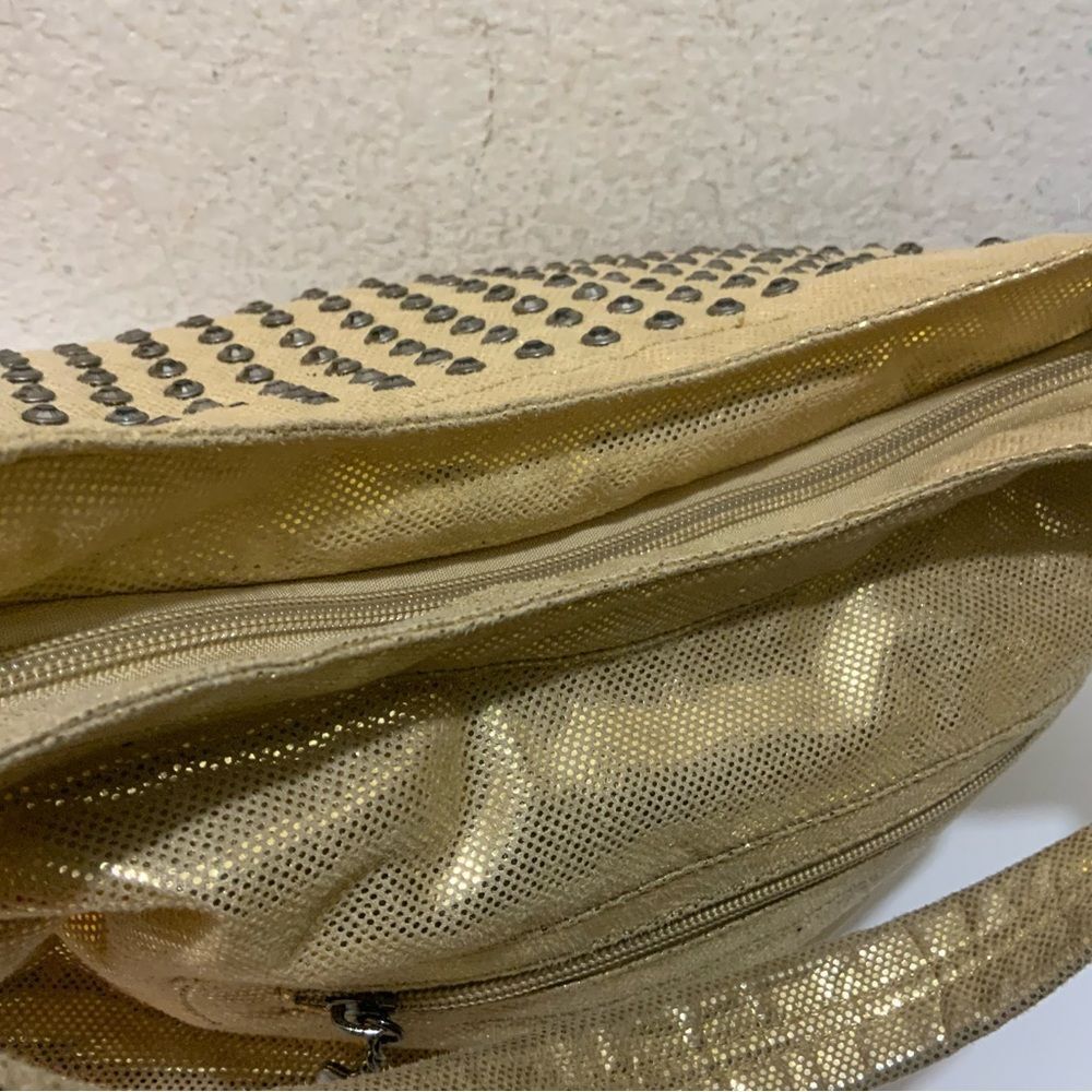 New LATIQUE purse pretty gold metallic studded shoulder bag canvas HOBO - Picture 7 of 10